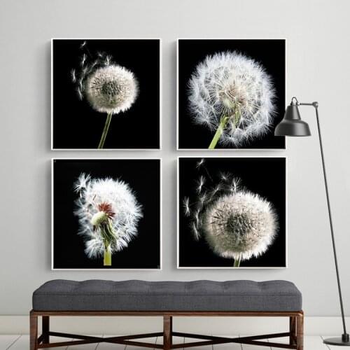Modern Black Background Living Room Decoration Painting Plant Dandelion Photography Canvas Wall Frameless Picture Print Poster