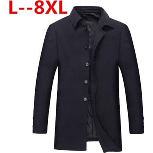 Big 8XL 7XL 6XL 5XL New Fashion Men Solid Color Single Breasted Trench Coat / Men Casual Slim Long Woolen Cloth Coat Large Size