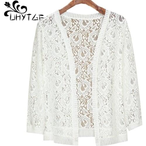 UHYTGF knitted cardigan summer coat women fashion hollow shawl thin 7XL plus size jacket solid color wild elegant short top 1676