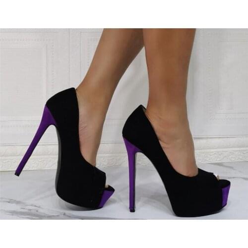 Dipsloot Woman Sexy Black Purple Suede Patchwork Peep Toe Pumps Ladys Fashion Night Club Super Thin Heels Party Dress Shoes