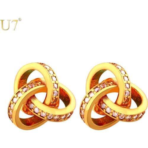 U7 Cubic Zirconia Earrings For Women Jewelry Trendy Gold/Silver Color Unique Twisted Round Circle Stub Earrings E730