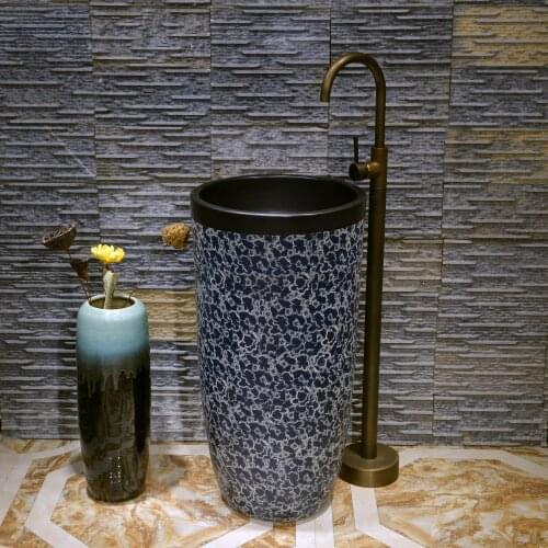 Blue And White Pedestal Type Hand Washing Basin Balcony Ceramic Pedestal Washbasin Bathroom Basin Vertical Floor Type
