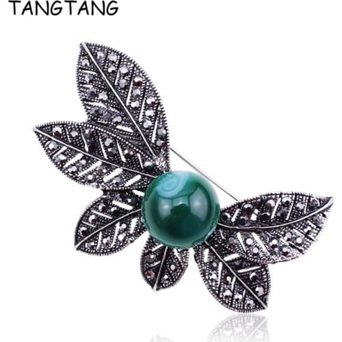Vintage Tree Leaf Brooch Safety Pins Natural Stone Green Beads Broches for Women Antique Black Jewelry Gift, Item NO.: BH8300