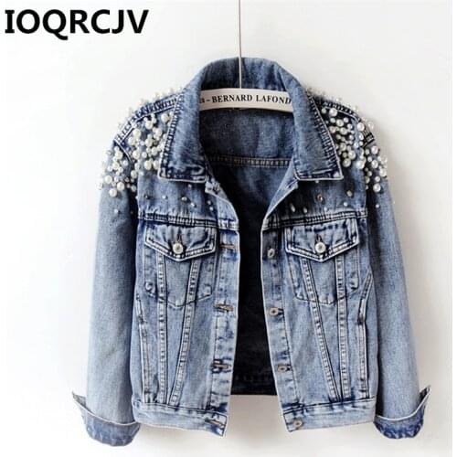 2019 Spring Autumn Beading Short Denim Jackets Women Long Sleeve Vintage Casual Jean Jacket Bomber Women Basic Coat R509