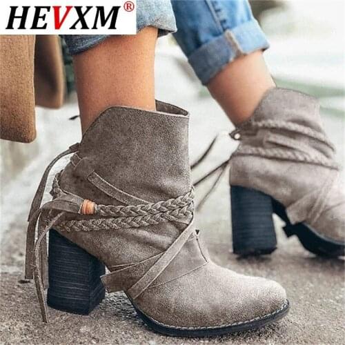 Women Ankle Boots 2020 Retro Chunky Heel Boots Autumn Winter Tassel Braided Ladies Casual Boots Pointed Toe Slip On Short Bootie