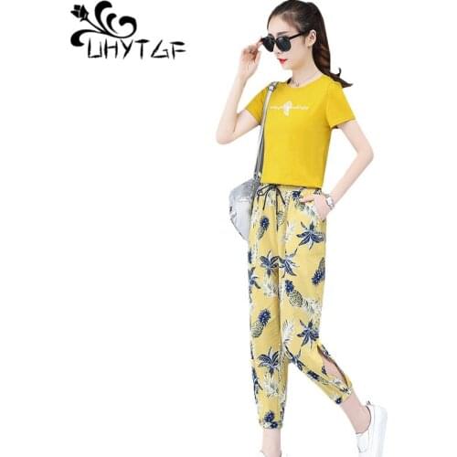 UHYTGF Womens tracksuit fashion short sleeve pullover summer two piece set printing business elegant Female suit plus size 1105