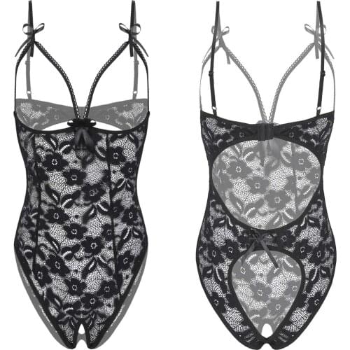 Womens Flower Sheer Lace Hollow Out Sexy Teddies Open Cup Sissy Crotchless Bodysuit Spaghetti Strap Exotic Lingerie Sleepwear