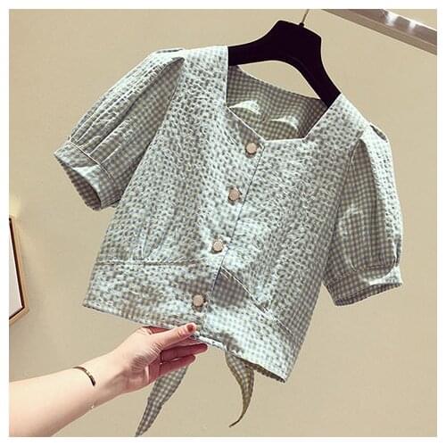2021 Summer Blouse Women New Plaid Cotton Crop Shirts Korean Women Sweet Short Puff Sleeve Square Collar Loose Blouse Tops L272
