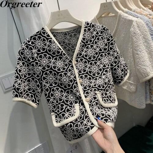 Chic Flower Embroidery Thin Short Tops for Women Summer New V-neck Short Sleeve Single-breasted Vintage Blouse Shirt Mujer