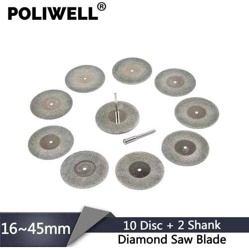 POLIWELL 10PCS 16/20/30/35/40/45mm Diamond Saw Blades Mini Circular Cutting Discs + 2PCS 3mm Shank for Dremel Rotary Tools