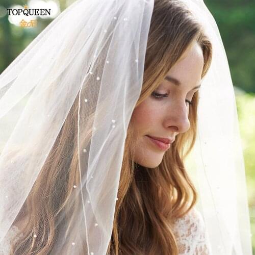 TOPQUEEN V06 Bridal Veils Pearls Beaded Pencil Edge Bridal Veil with Comb Wedding Veil Tulle Transparent Wedding Dress Veil