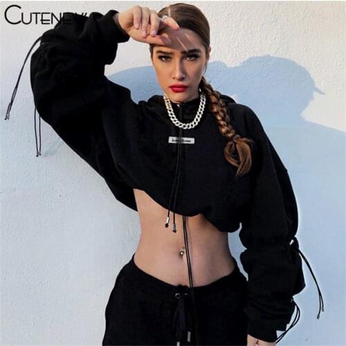 Cutenew Cotton Hooded Letters Print Drawstring Crop Sweatshirt Women Autumn Casual Long Sleeve Pullovers Lady Fashion Streetwear