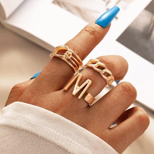HuangTang 3pcs/set Punk Letter M Single Ring for Women Trendy Gold Color Hollow Geometry Joint Midi Ring Party Jewelry 17726