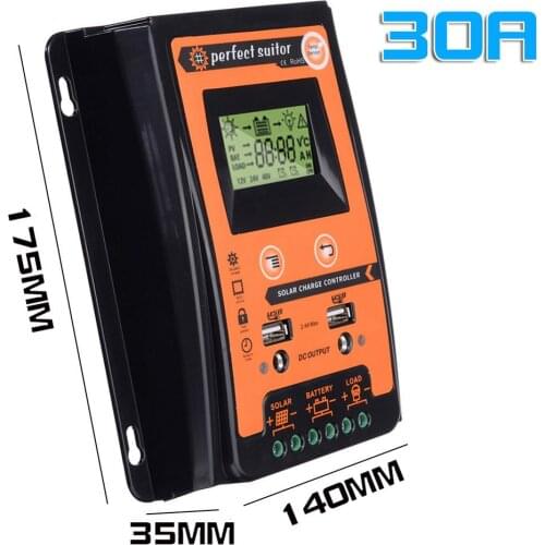 30A MPPT Solar Charge Controller 12V 24V Dual USB Solar Regulator with Big LCD IP32 PV Battery Controller Load Timer