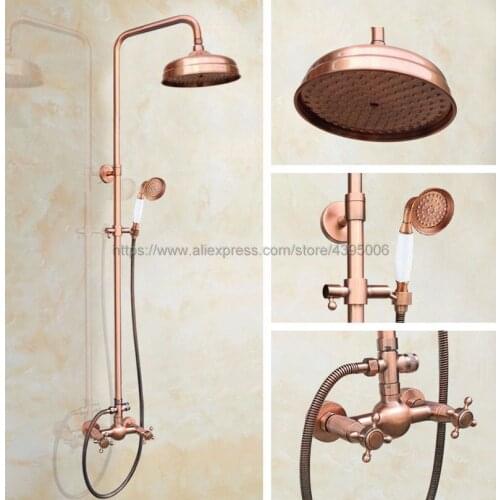 Antique Red Copper Wall Mount 8 inch Bathroom Shower Faucet Mixer Taps Dual Handle with Hand Held Shower Brg524