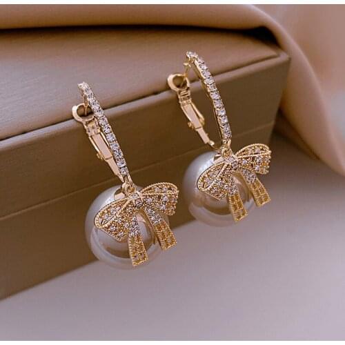 2021 Korean New Fashion Fine Grey Pearl Drop Earrings for Women Crystal Metal Temperament Rhinestone Earrings Wedding Jewelry