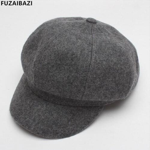 FUZAIBAZI NEW Womens Vintage Autumn Winter Fashion Thermal Snapback Solid Color Wool Octagonal Hat Leisure Sports Peaked Cap