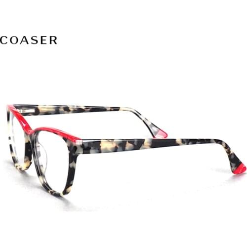Women Round Cat Eyeglass Frame Double Color Acetate Glasses Frame Eyeglasses Blue Pink Red Spectacles Prescription Eyewear