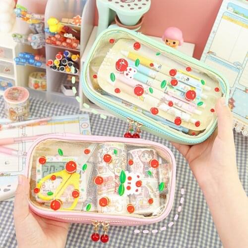 Kawaii Cherry Transparent Pencil Case Cute Large Capacity School Pen Bag Supplies Pencil Pouch Bag School Stationery Accessories