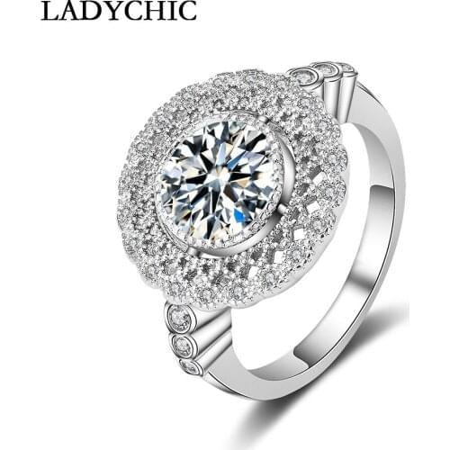LADYCHIC Luxury Rings for Women Rose/White Gold Color with 1.5 Carat AAA Austrian Zircon Flower Ring Jewelry Wholesale LR1040