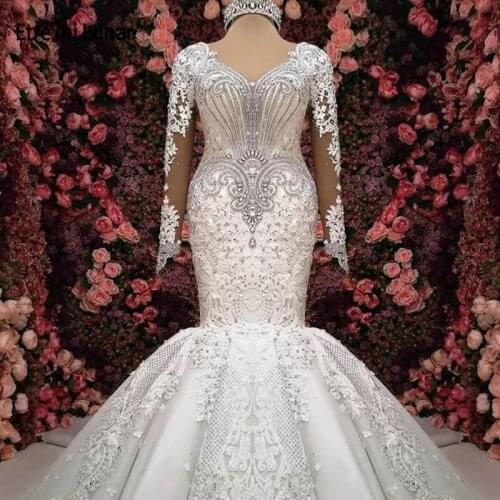 2020 Luxurious Dresses Wedding Dresses Long Sleeves Beading Mermaid Mariage Dresses Vestido De Noiva Real Photo WD30624