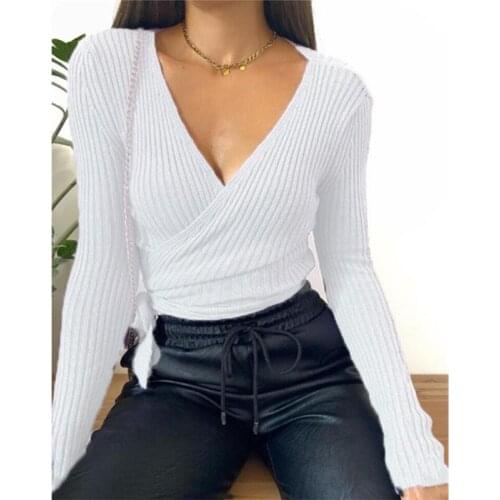 Sexy Deep V Neck Sweater Womens Pullover Casual Slim Bottoming Sweaters Female Elastic Cotton Long Sleeve Tops FemmeS-5XL