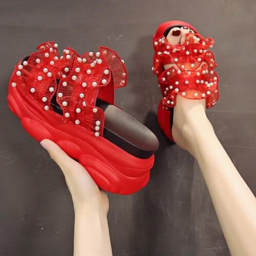 Pearl Slippers Outerwear 2021 New Womens Summer Fashion Lace Waterproof Wedge Slippers