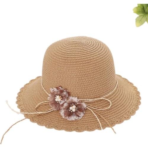 Summer Hats Womens Straw Hat Mesh Flower Pearl Flower Hat Sunscreen Sun Bow Beach Hats Boho Trips Holiday