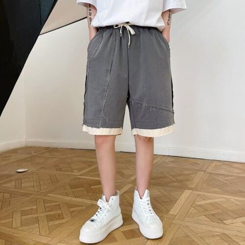 Summer wear ins personality contrast rough hem mens elastic waist casual pants youth fashion mens yuppie panties