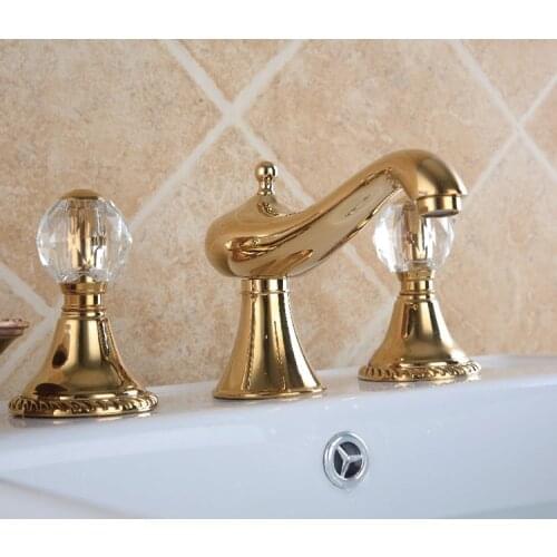 Free shipping Bathroom 3 Pcs widespread Lavatory Sink faucet crystal handles mixer tap Gold colour
