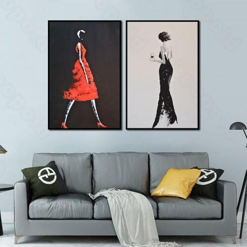 Modern Art Style Fashion Women In The Red and Black Skirts Poster Wall Painting Murals In Nordic Style for Living Room Decor