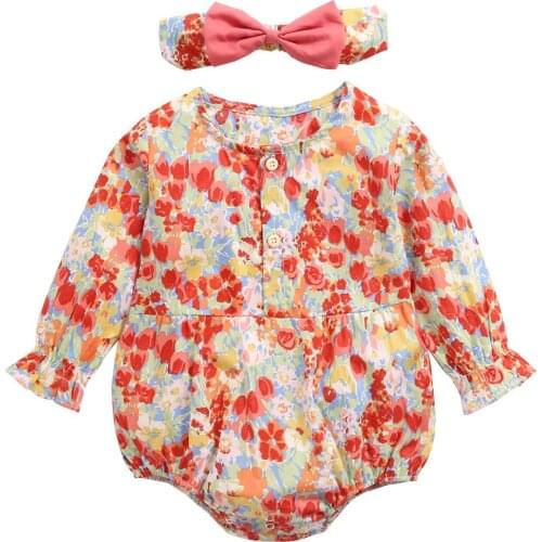 Spring Autumn Infant Girl Suit Clothing Jumpsuit Long Sleeve Floral Print Bodysuit + Hairband Twins Baby Clothes For 0-2y Baby