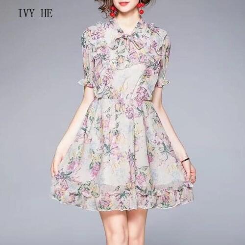 IVY HE High Quality Summer Dress Woman Clothing Bow Neck Floral Print Ruffle Romantic Midi Dress Traf ZAfu Vintage Party Dresses