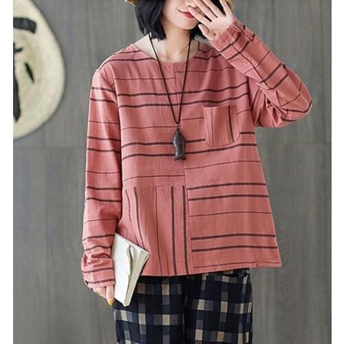 Women Cotton Linen Casual T-shirts New Arrival 2021Spring Simple Style Vintage Striped Loose Female Long Sleeve Tops Tees S2950