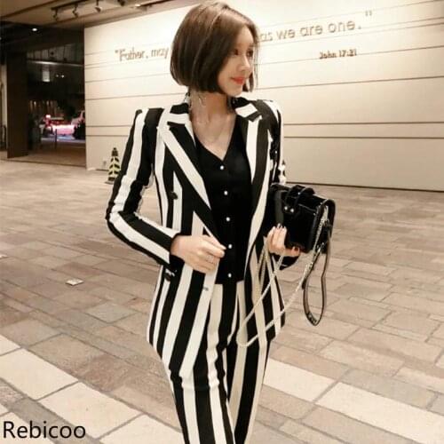 New fashion autumn womens OL professional temperament double-breasted fashion warm striped blazer slim pants two-piece set