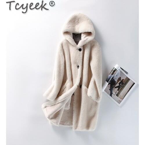 Tcyeek Hooded Fur Trench Coat Female Winter 2021 Sheep Shearling Coats Women Wool Jackets Korean Style Casaco Feminino Gxy178