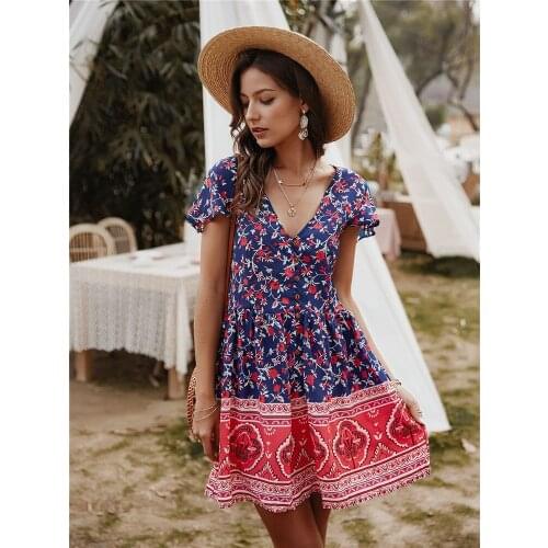 Summer Women Short Sleeve Ruffle Casual V Neck Floral Print Holiday Beach Swing Loose Dress Bohemian Vestido Feminino Streetwear