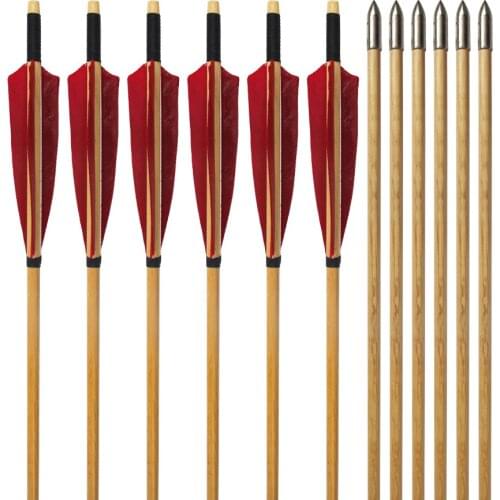 12pcs 85cm Wooden Arrows with Red Shield Turkey Feather for Archery Recurve Bow