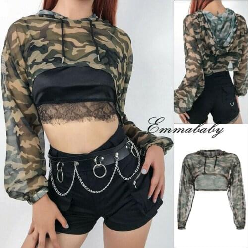 2019 Summer Autumn Fashion Womens Perspective See Through Sexy Long Sleeve Camouflage Hoodies Crop Tee