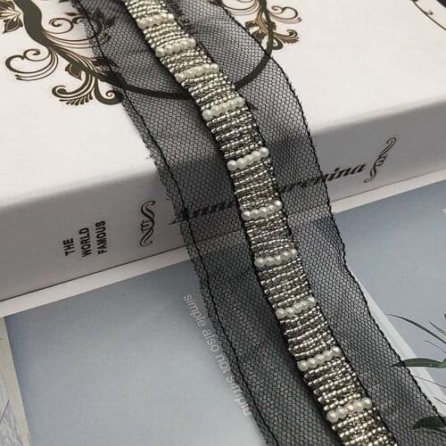 3Yds Beads Handmade Lace Trims Wedding Dress Belt Pearls Ribbon Bridal Applique Fabric Sewing Craft DIY Decorative White Black