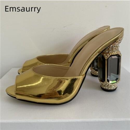 Diamond Rhinestone High Heel Sandals Women Summer Sexy Peep Toe Slingbacks Multicolor Patent Leather Lady Mules