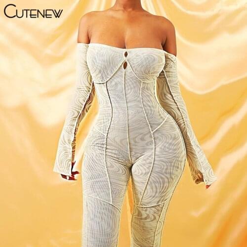 Cutenew Sexy Mesh Striped Printing Strapless Long Sleeve Jumpsuits Women Skinny Fitness Workout Overalls Stretch Lady Activewear