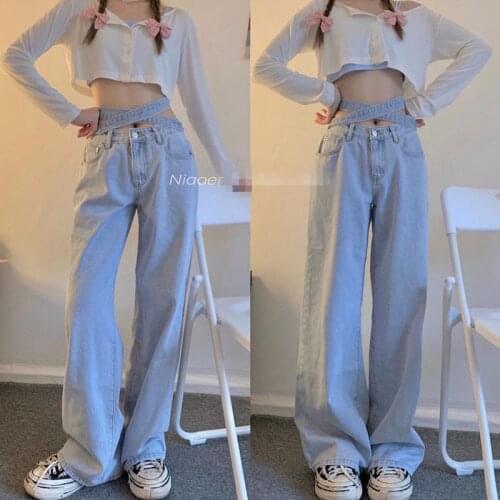 2021 Cross Straps High Waist Korean Fashion Wide Leg Jeans Casual Aesthetic Hip Hop Gothic Pockets Straight Denim Jeans Female