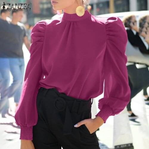 ZANZEA Elegant Women Puff Sleeve Blouse Spring Casual Turtleneck Bow Tie Solid Top Fashion Womens Blusas Tunic Office Work Shirt
