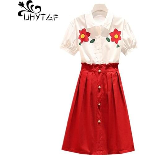 UHYTGF Elegant skirt set women short-sleeved Cardigan shirt top + skirt two piece set Cute girl thin 5XL plus size skirt sets183