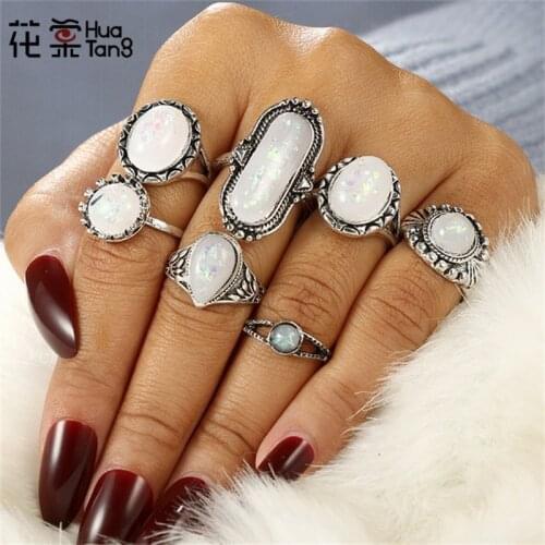 HuaTang Bohemian Style Silver Color Rings Geometric Opals Ring Alloy Flower Carving Rings Knuckle Midi Anillos Ring Jewelry 5887