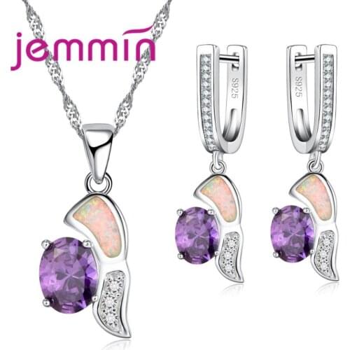 Exquisite Multicolor Opal Rhinestone Jewelry Sets for Women 925 Sterling Silver Gift Geometric Necklace Earrings Set for Wedding
