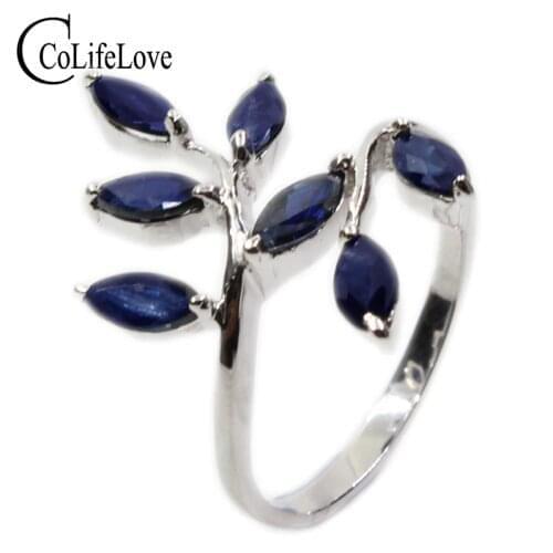 Classic Silver Leaf Ring 7 Pcs 3mm * 6mm Natural Dark Blue Sapphire Ring for Woman Real 925 Silver Sapphire Ring Romantic Gift