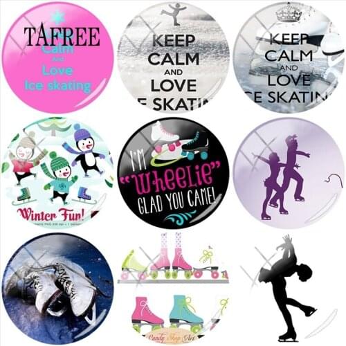 TAFREE Skating Shoes Picture Round Glass Cabochon Keep Calm And Love Ice Skating Pendant Settings Sports Jewelry