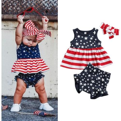 0-3Y Summer Baby Girls Boys Clothes Sets Star Striped Printed Sleeveless Tops Shorts Headband 3pcs Independence Day